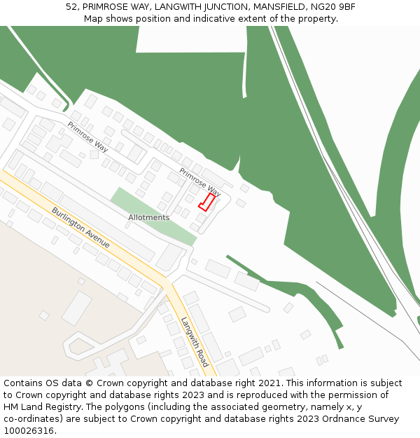 52, PRIMROSE WAY, LANGWITH JUNCTION, MANSFIELD, NG20 9BF: Location map and indicative extent of plot