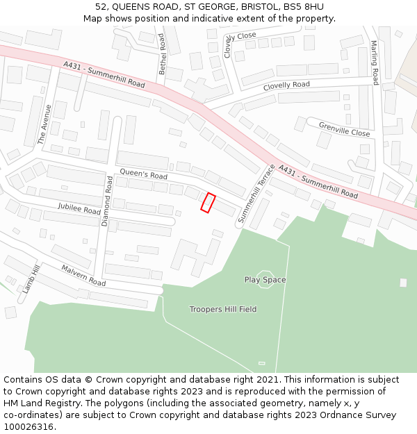 52, QUEENS ROAD, ST GEORGE, BRISTOL, BS5 8HU: Location map and indicative extent of plot