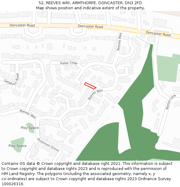 52, REEVES WAY, ARMTHORPE, DONCASTER, DN3 2FD: Location map and indicative extent of plot