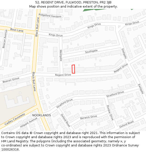 52, REGENT DRIVE, FULWOOD, PRESTON, PR2 3JB: Location map and indicative extent of plot