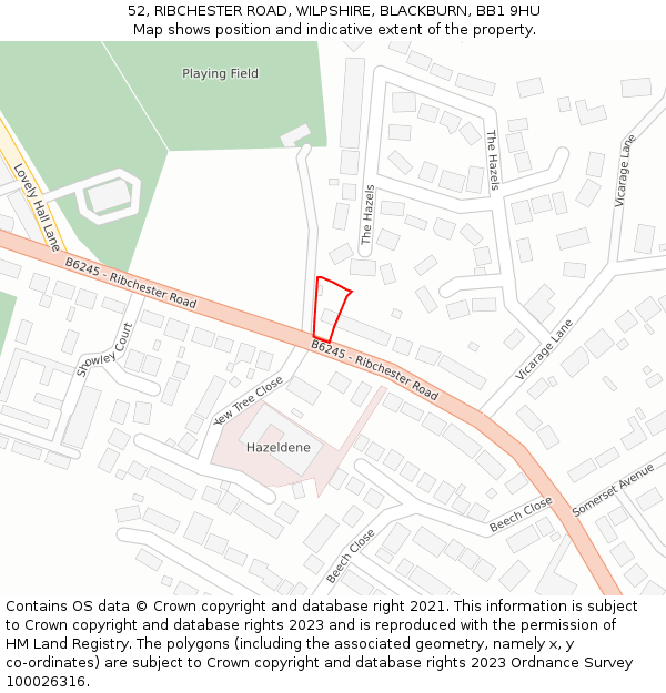 52, RIBCHESTER ROAD, WILPSHIRE, BLACKBURN, BB1 9HU: Location map and indicative extent of plot