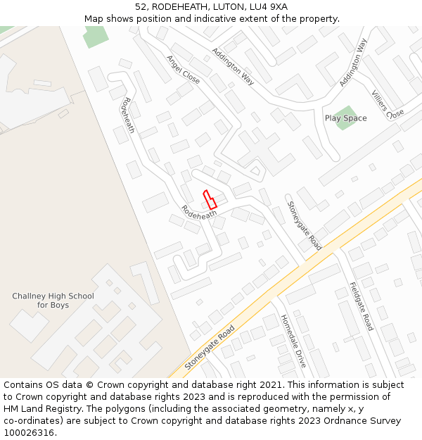 52, RODEHEATH, LUTON, LU4 9XA: Location map and indicative extent of plot