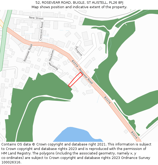 52, ROSEVEAR ROAD, BUGLE, ST AUSTELL, PL26 8PJ: Location map and indicative extent of plot