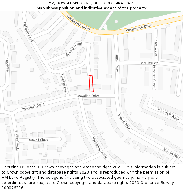 52, ROWALLAN DRIVE, BEDFORD, MK41 8AS: Location map and indicative extent of plot