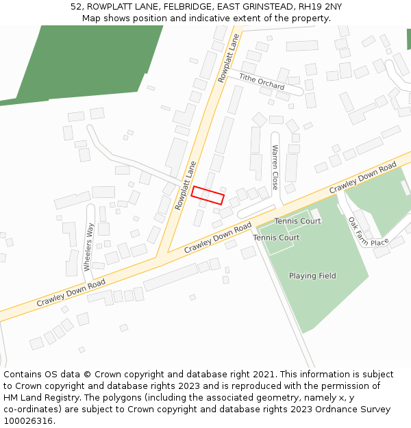 52, ROWPLATT LANE, FELBRIDGE, EAST GRINSTEAD, RH19 2NY: Location map and indicative extent of plot