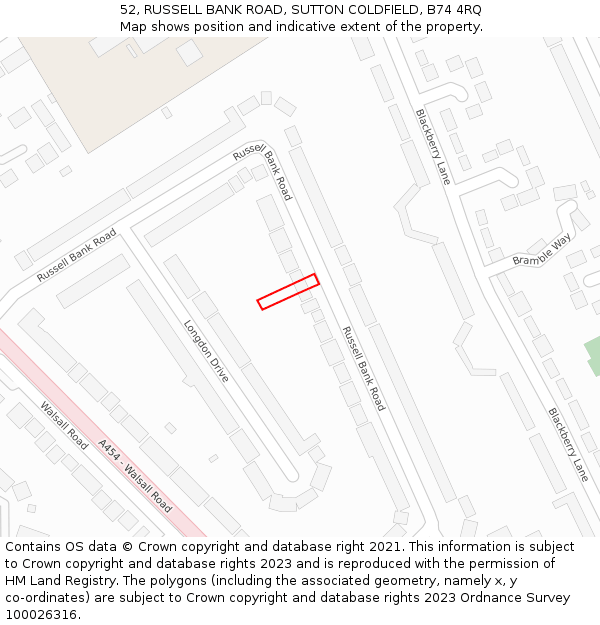 52, RUSSELL BANK ROAD, SUTTON COLDFIELD, B74 4RQ: Location map and indicative extent of plot