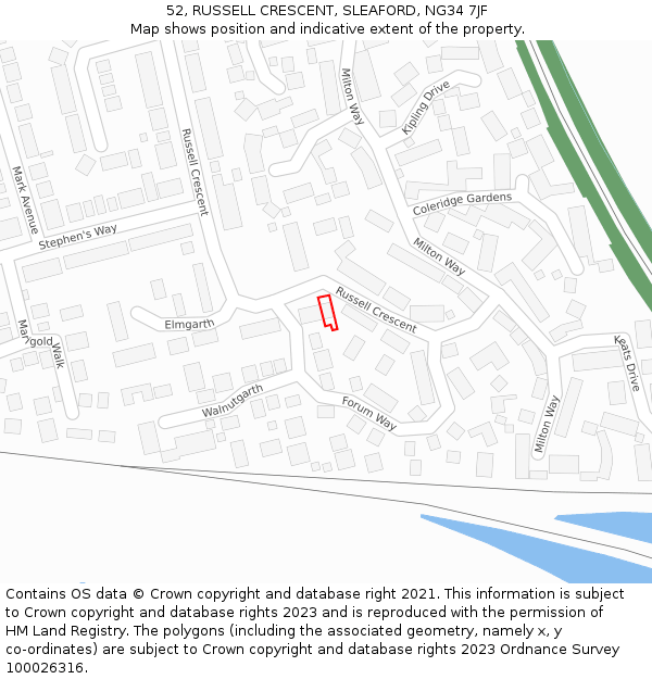 52, RUSSELL CRESCENT, SLEAFORD, NG34 7JF: Location map and indicative extent of plot