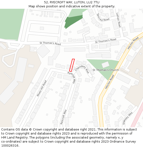 52, RYECROFT WAY, LUTON, LU2 7TU: Location map and indicative extent of plot