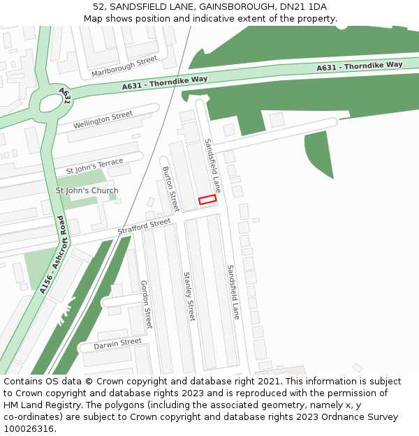 52, SANDSFIELD LANE, GAINSBOROUGH, DN21 1DA: Location map and indicative extent of plot