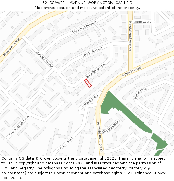 52, SCAWFELL AVENUE, WORKINGTON, CA14 3JD: Location map and indicative extent of plot