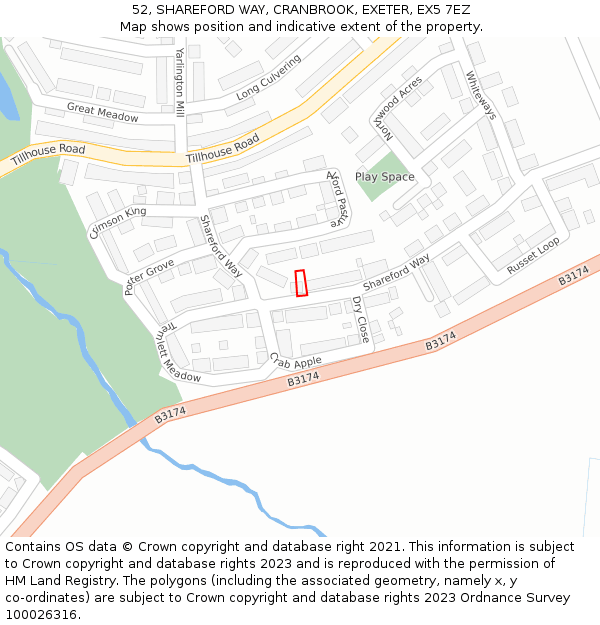 52, SHAREFORD WAY, CRANBROOK, EXETER, EX5 7EZ: Location map and indicative extent of plot