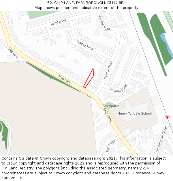 52, SHIP LANE, FARNBOROUGH, GU14 8BH: Location map and indicative extent of plot