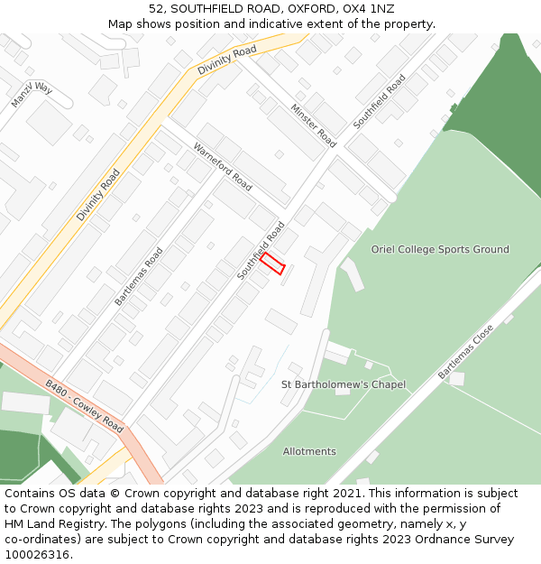 52, SOUTHFIELD ROAD, OXFORD, OX4 1NZ: Location map and indicative extent of plot