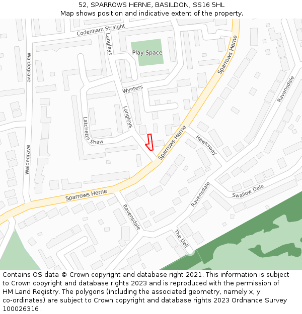 52, SPARROWS HERNE, BASILDON, SS16 5HL: Location map and indicative extent of plot