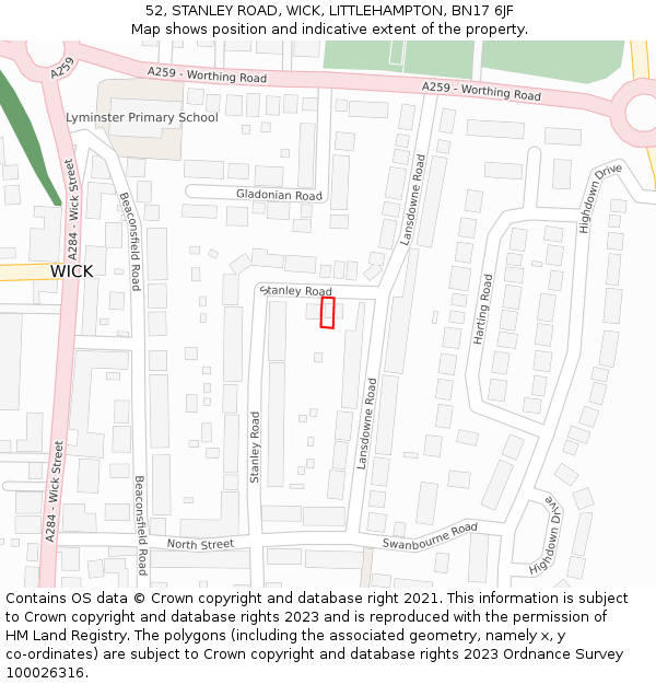 52, STANLEY ROAD, WICK, LITTLEHAMPTON, BN17 6JF: Location map and indicative extent of plot