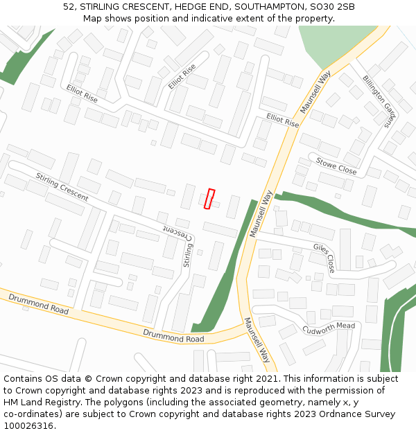 52, STIRLING CRESCENT, HEDGE END, SOUTHAMPTON, SO30 2SB: Location map and indicative extent of plot