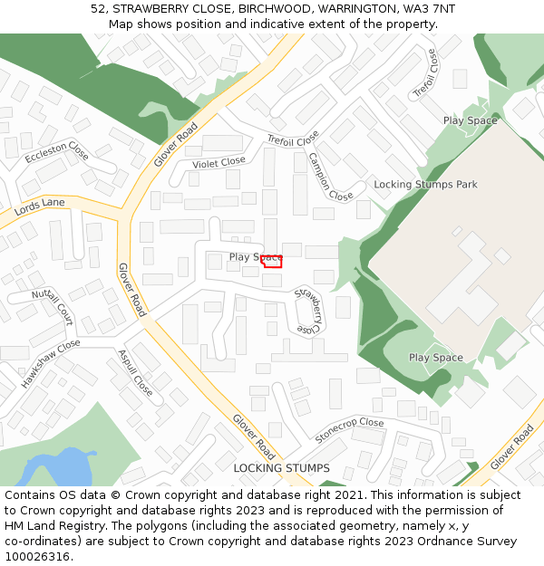 52, STRAWBERRY CLOSE, BIRCHWOOD, WARRINGTON, WA3 7NT: Location map and indicative extent of plot