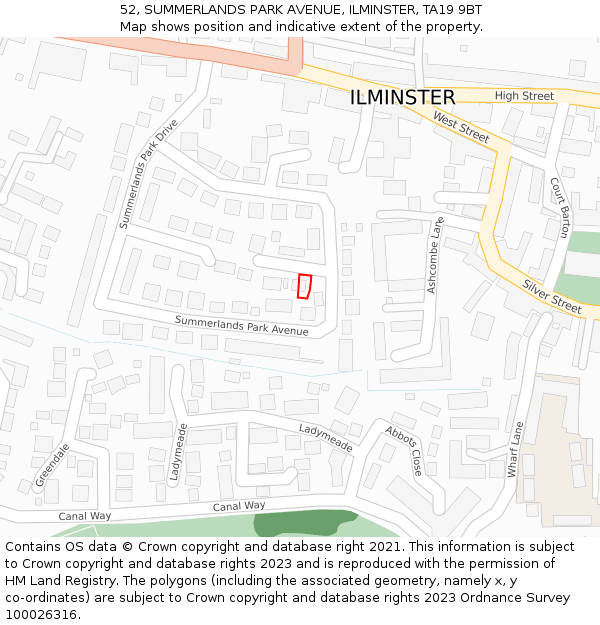 52, SUMMERLANDS PARK AVENUE, ILMINSTER, TA19 9BT: Location map and indicative extent of plot