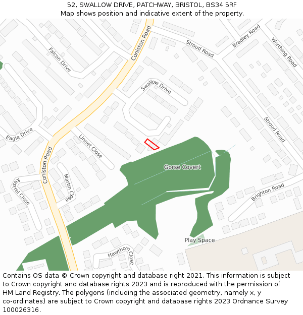 52, SWALLOW DRIVE, PATCHWAY, BRISTOL, BS34 5RF: Location map and indicative extent of plot