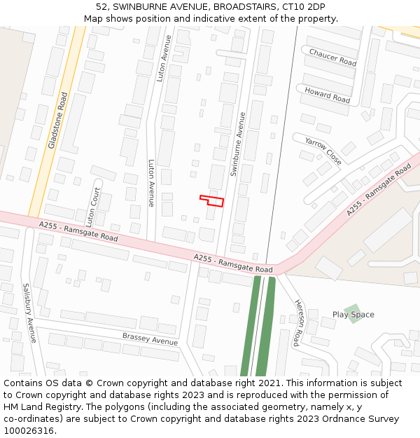 52, SWINBURNE AVENUE, BROADSTAIRS, CT10 2DP: Location map and indicative extent of plot