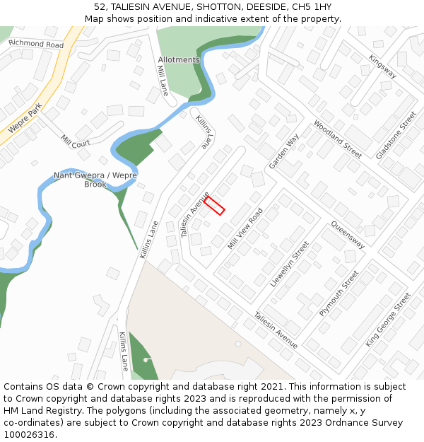 52, TALIESIN AVENUE, SHOTTON, DEESIDE, CH5 1HY: Location map and indicative extent of plot