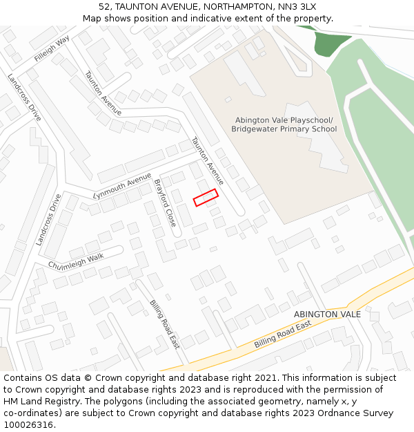 52, TAUNTON AVENUE, NORTHAMPTON, NN3 3LX: Location map and indicative extent of plot