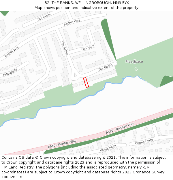 52, THE BANKS, WELLINGBOROUGH, NN9 5YX: Location map and indicative extent of plot