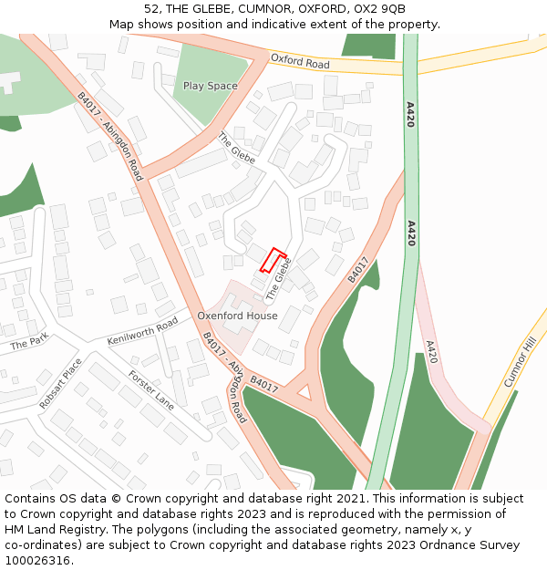 52, THE GLEBE, CUMNOR, OXFORD, OX2 9QB: Location map and indicative extent of plot