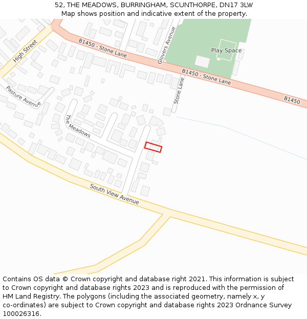 52, THE MEADOWS, BURRINGHAM, SCUNTHORPE, DN17 3LW: Location map and indicative extent of plot