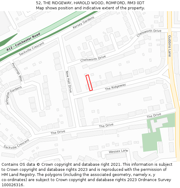 52, THE RIDGEWAY, HAROLD WOOD, ROMFORD, RM3 0DT: Location map and indicative extent of plot