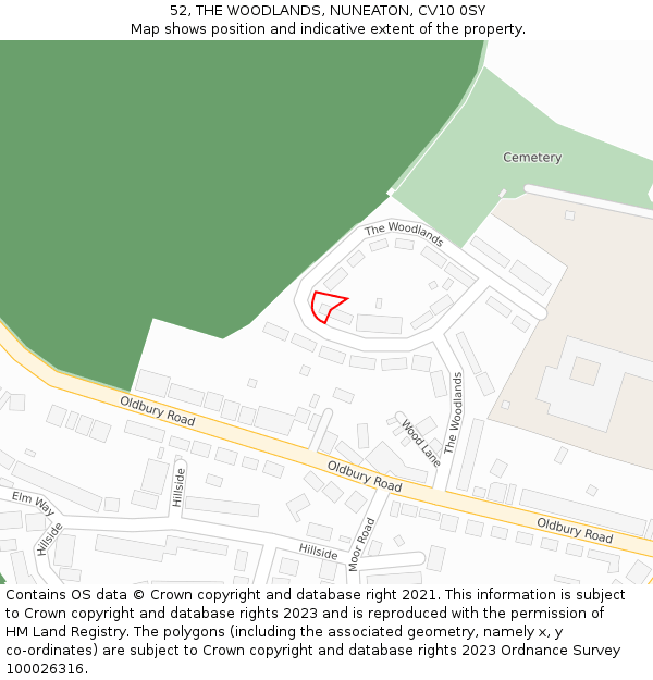 52, THE WOODLANDS, NUNEATON, CV10 0SY: Location map and indicative extent of plot