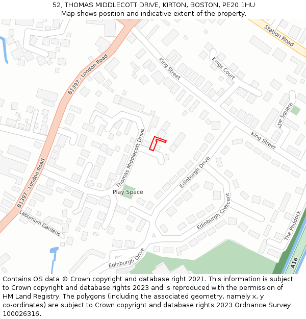 52, THOMAS MIDDLECOTT DRIVE, KIRTON, BOSTON, PE20 1HU: Location map and indicative extent of plot