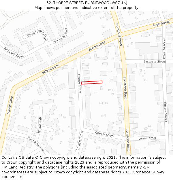 52, THORPE STREET, BURNTWOOD, WS7 1NJ: Location map and indicative extent of plot