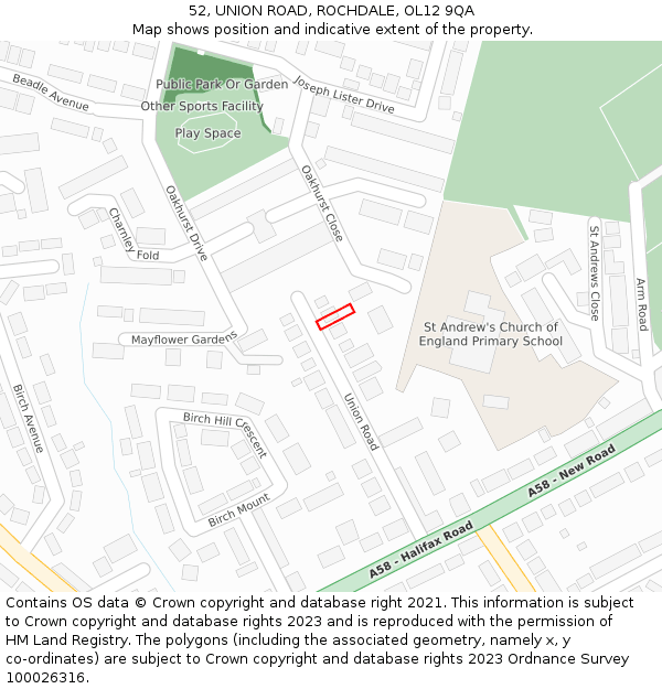 52, UNION ROAD, ROCHDALE, OL12 9QA: Location map and indicative extent of plot