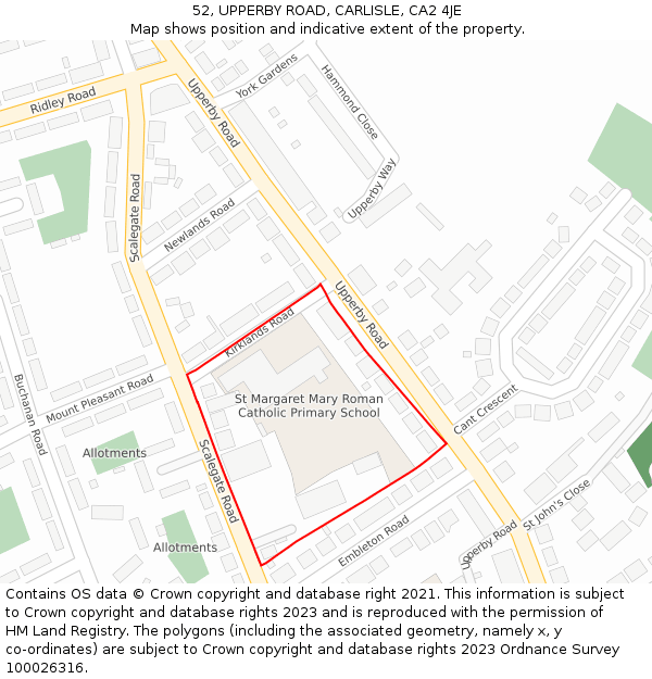 52, UPPERBY ROAD, CARLISLE, CA2 4JE: Location map and indicative extent of plot