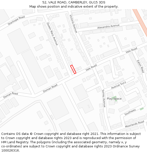 52, VALE ROAD, CAMBERLEY, GU15 3DS: Location map and indicative extent of plot