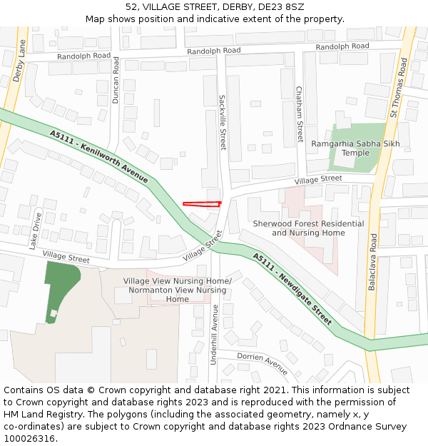 52, VILLAGE STREET, DERBY, DE23 8SZ: Location map and indicative extent of plot