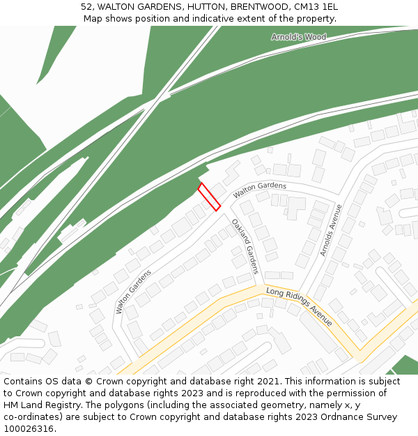 52, WALTON GARDENS, HUTTON, BRENTWOOD, CM13 1EL: Location map and indicative extent of plot