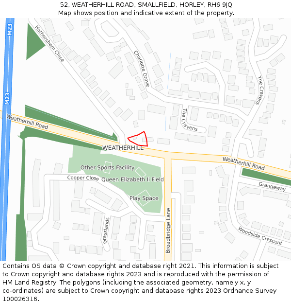 52, WEATHERHILL ROAD, SMALLFIELD, HORLEY, RH6 9JQ: Location map and indicative extent of plot