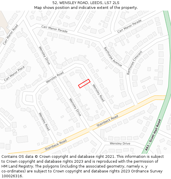 52, WENSLEY ROAD, LEEDS, LS7 2LS: Location map and indicative extent of plot