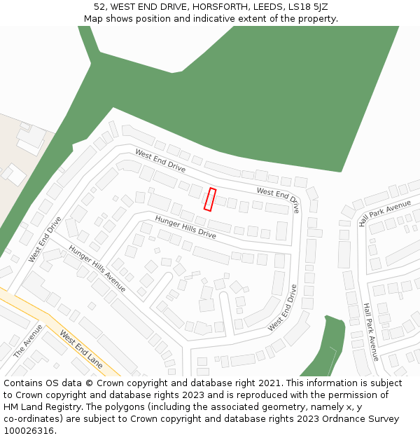 52, WEST END DRIVE, HORSFORTH, LEEDS, LS18 5JZ: Location map and indicative extent of plot