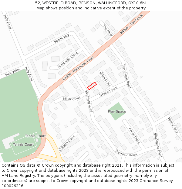 52, WESTFIELD ROAD, BENSON, WALLINGFORD, OX10 6NL: Location map and indicative extent of plot