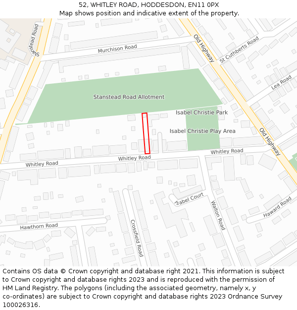 52, WHITLEY ROAD, HODDESDON, EN11 0PX: Location map and indicative extent of plot