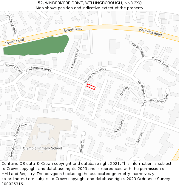 52, WINDERMERE DRIVE, WELLINGBOROUGH, NN8 3XQ: Location map and indicative extent of plot