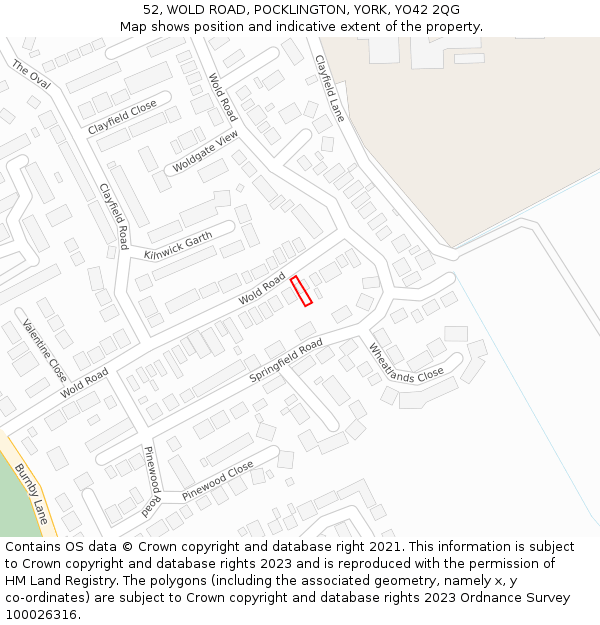 52, WOLD ROAD, POCKLINGTON, YORK, YO42 2QG: Location map and indicative extent of plot