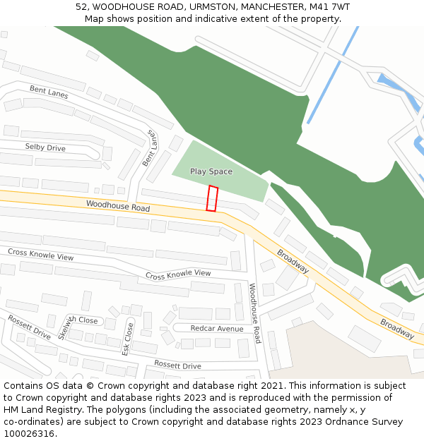 52, WOODHOUSE ROAD, URMSTON, MANCHESTER, M41 7WT: Location map and indicative extent of plot