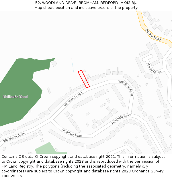 52, WOODLAND DRIVE, BROMHAM, BEDFORD, MK43 8JU: Location map and indicative extent of plot