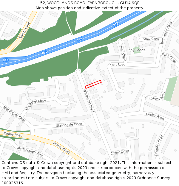 52, WOODLANDS ROAD, FARNBOROUGH, GU14 9QF: Location map and indicative extent of plot