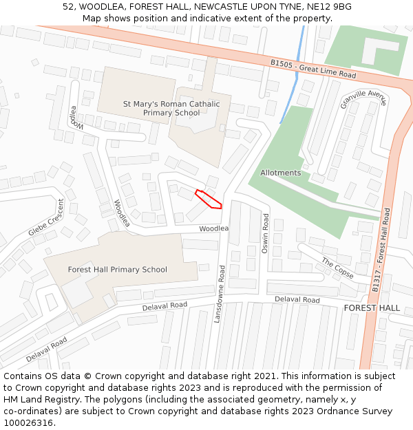 52, WOODLEA, FOREST HALL, NEWCASTLE UPON TYNE, NE12 9BG: Location map and indicative extent of plot