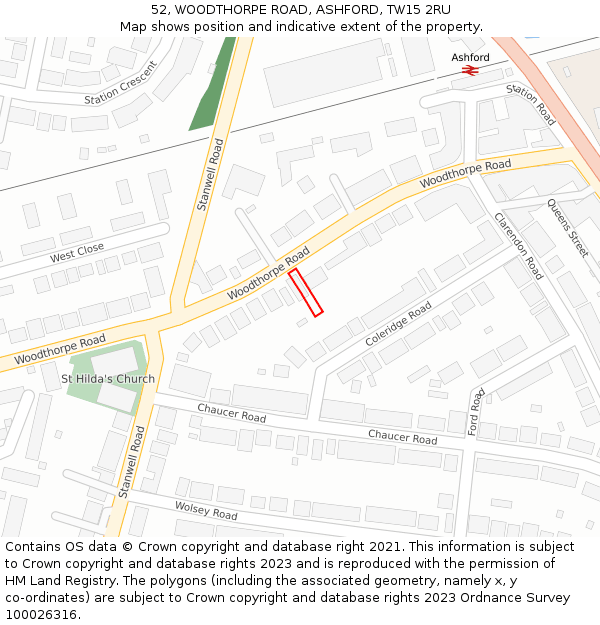 52, WOODTHORPE ROAD, ASHFORD, TW15 2RU: Location map and indicative extent of plot